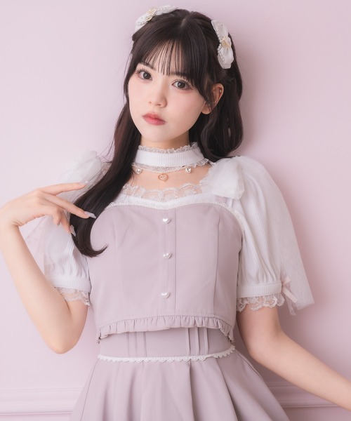 ROJITA tシャツ チュールリボンビスチェ×デコルテ開きトップス