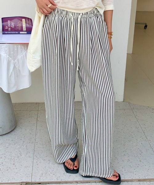 パンツ 「ゆる映え柄パンツ」ストライプ＆チェック／楽ちん美ライン