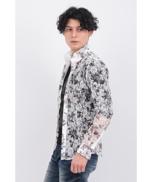tシャツ ラッセルレースフラワープリントシャツ メンズの画像