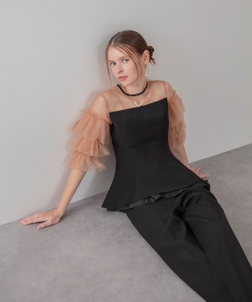 【新品】LEJA チュールスリーブペプラムセットアップパンツドレス Leja（レジャ） パンツドレス 「LEJA」チュールスリーブペプラム