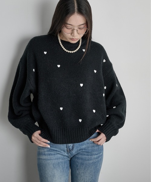 THE Yon ニット セーター ハート刺繍ニットプルオーバー レディース