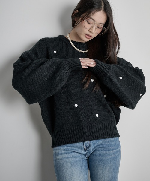 THE Yon ニット セーター ハート刺繍ニットプルオーバー レディース