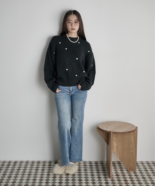THE Yon ニット セーター ハート刺繍ニットプルオーバー レディース