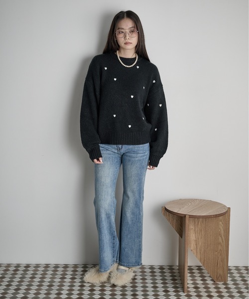 THE Yon ニット セーター ハート刺繍ニットプルオーバー レディース
