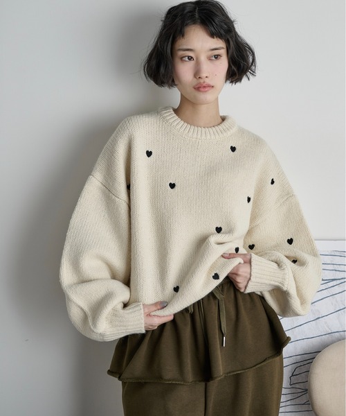 THE Yon ニット セーター ハート刺繍ニットプルオーバー レディース