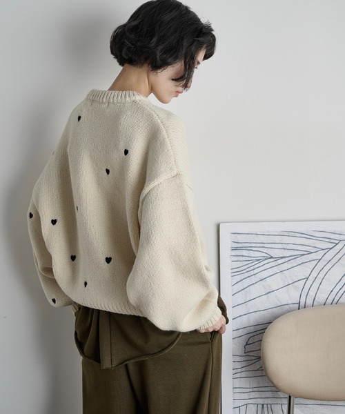 THE Yon ニット セーター ハート刺繍ニットプルオーバー レディース
