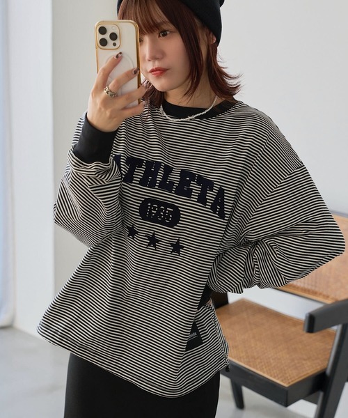 ATHLETA tシャツ 「 athleta 」ボーダーロングスリーブフロッキー