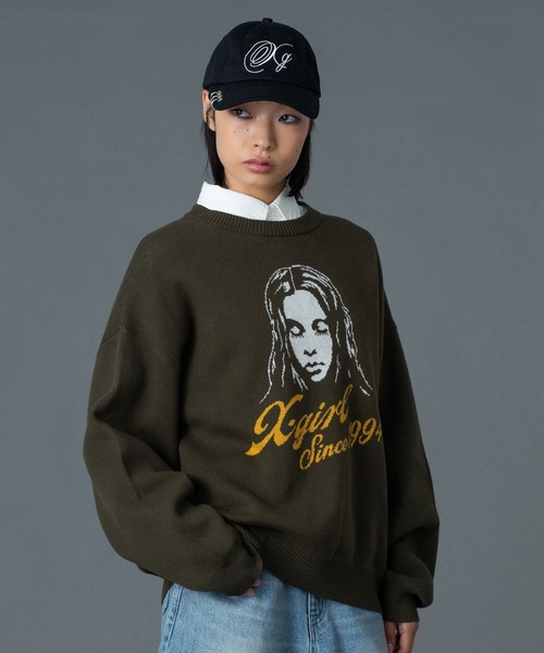 X-girl（エックスガール） ニット セーター CURSIVE LOGO AND FACE