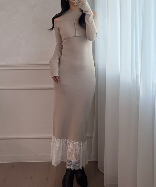fupel ワンピース lace docking ensemble knit onepiece / レース