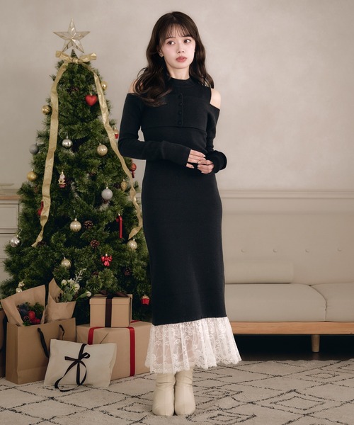 fupel ワンピース lace docking ensemble knit onepiece / レース