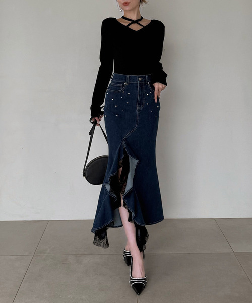  PARTY デニムラッフルスリットスカート インディゴブルー ROYAL PARTY（ロイヤルパーティー） デニムスカート liberty デニム