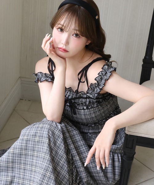 背中あき配色リボンシャーリングロングワンピ one after another NICE CLAUP ワンピース 背中あき配色リボン