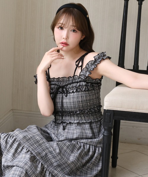 バックオープン配色リボンシャーリングワンピ グレー系 NICE CLAUP one after another NICE CLAUP ワンピース 背中あき配色リボン