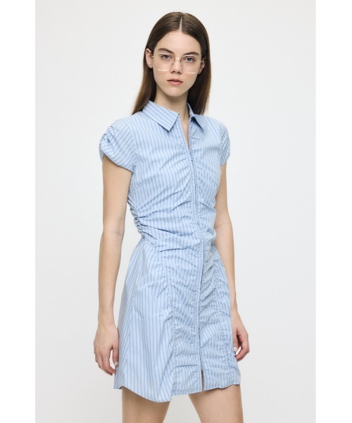 moussy ストライプ柄 半袖ミニワンピース ベルト付き MOUSSY（マウジー） ワンピース 半袖 GATHER SHIRT MINI ドレス