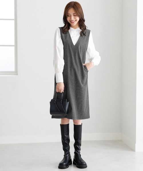 ワンピース ジャンパースカート ウール調Vネックジャンパースカート