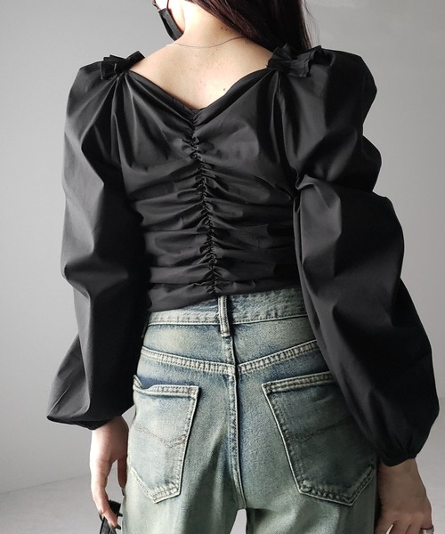 ブラウス シャツ 「 オフショルにできる２ＷＡＹ 」シャーリングリボンバレエコアパフスリーブブラウス ／ shirring ribbon ballet me+em select ブラウス シャツ 「 オフショルにできる2WAY