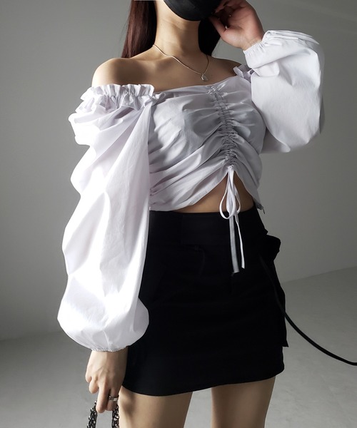 ブラウス シャツ 「 オフショルにできる２ＷＡＹ 」シャーリングリボンバレエコアパフスリーブブラウス ／ shirring ribbon ballet セール】【 オフショルにできる2WAY 】シャーリングリボン