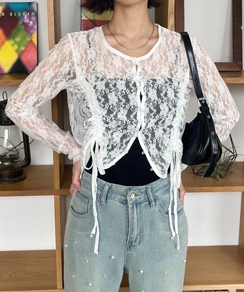 tシャツ ドロストレースショート丈シアートップス レディース