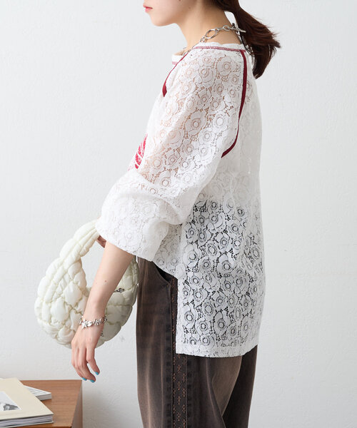 ブラウス シャツ レースプルオーバーブラウス レディース ＆HALF ブラウス シャツ 刺繍プルオーバーブラウス（インド綿
