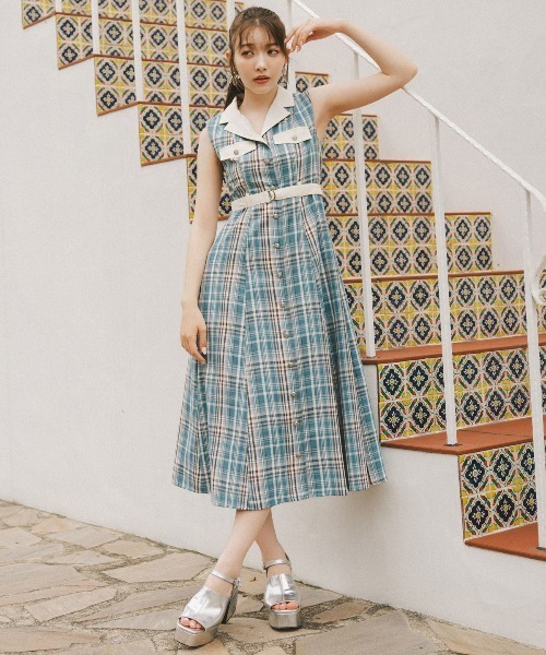 セール ノースリーブチェック柄シャツワンピース REDYAZEL ワンピース バイカラーチェックノースリーブシャツ