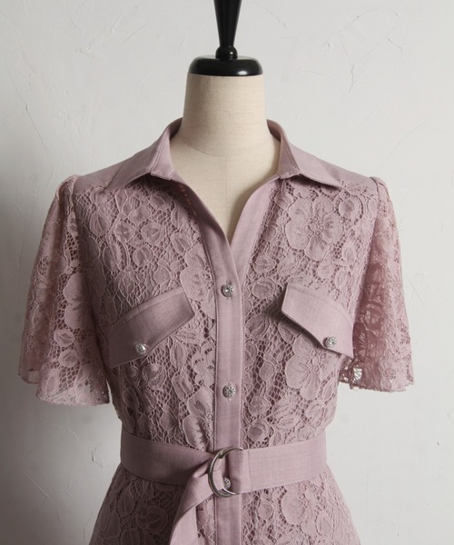 新品　tocco closet ベルト付きレース切り替えシャツワンピース ベルト付きレース切り替えシャツワンピース