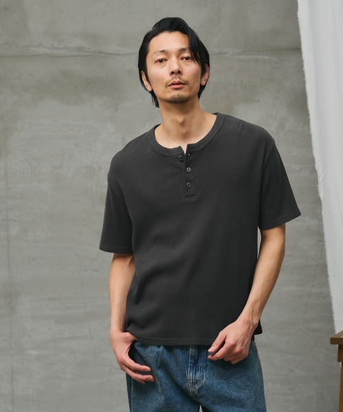 kinema ワッフルヘンリーネックシャツ　Mサイズ　ブラック paradigm ヘンリーネック tシャツ 「paradigm」ガス焼きワッフル