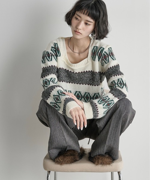 THE Yon ニット セーター エスニックジャガードクロップドニットPO