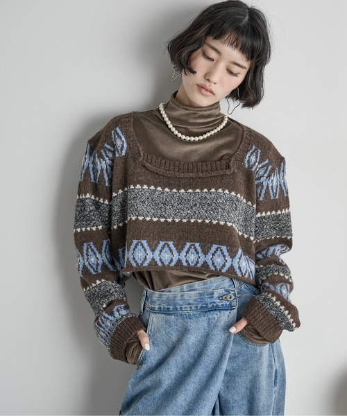 THE Yon ニット セーター エスニックジャガードクロップドニットPO