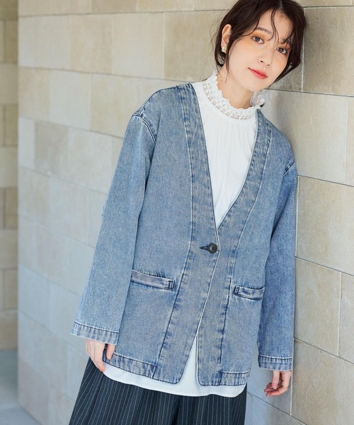 極美品♡ パシオーネ デニム ノーカラージャケット インディゴ 38リブ袖 studio CLIP（スタディオクリップ） ジャケット ノーカラージャケット