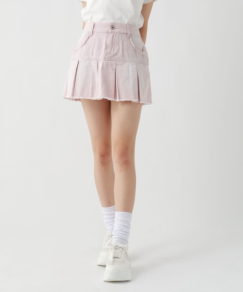 AmlyCity デニムフリンジプリーツスカート ピンク りなてぃ repipi armario（レピピアルマリオ） スカート フリンジデニムスソ