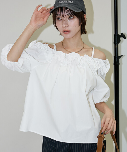 PUBLUX（パブリュクス） tシャツ 半袖 フリル オフショル ブラウス