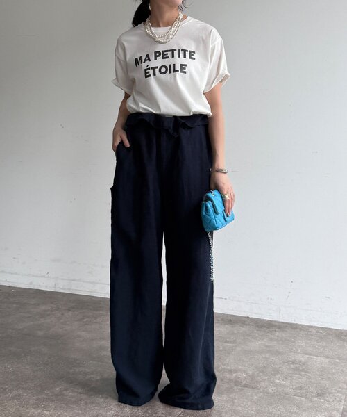 ワイドパンツ パンツ ウエストギャザーリネン混パンツ レディースの画像