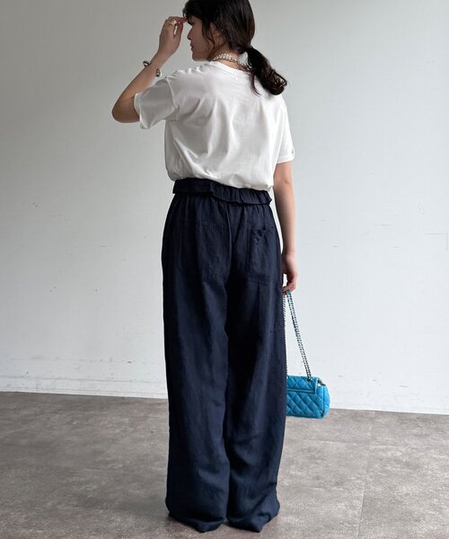 ワイドパンツ パンツ ウエストギャザーリネン混パンツ レディースの画像