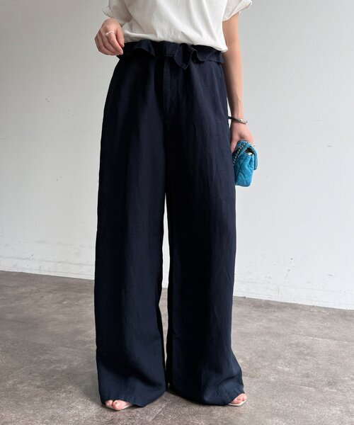 ワイドパンツ パンツ ウエストギャザーリネン混パンツ レディースの画像