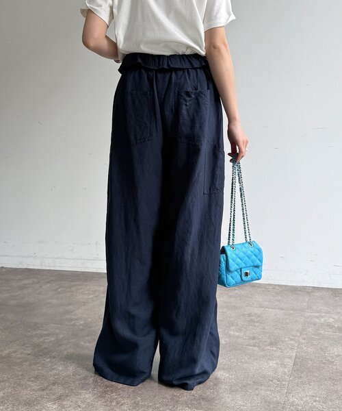 ワイドパンツ パンツ ウエストギャザーリネン混パンツ レディースの画像