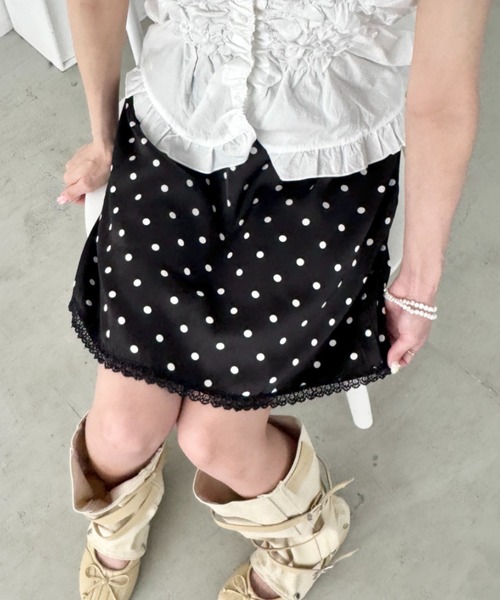 スカート sovisoon dot frill satin mini skirt SOLLON.（ソルロン） スカート サテンレースドットミニスカート
