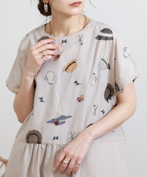 Emago（イマゴ） ワンピース 夏 半袖 いろんな帽子刺繍ワンピース 半袖