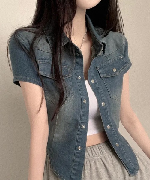 NoBelle デニムジャケット gジャン 襟付きウエストライン 半袖デニム 