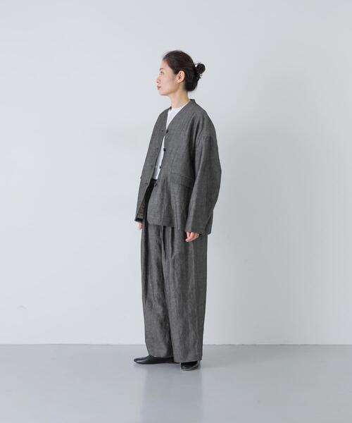 かぐれ ジャケット ノーカラージャケット ウールリネンノーカラー 