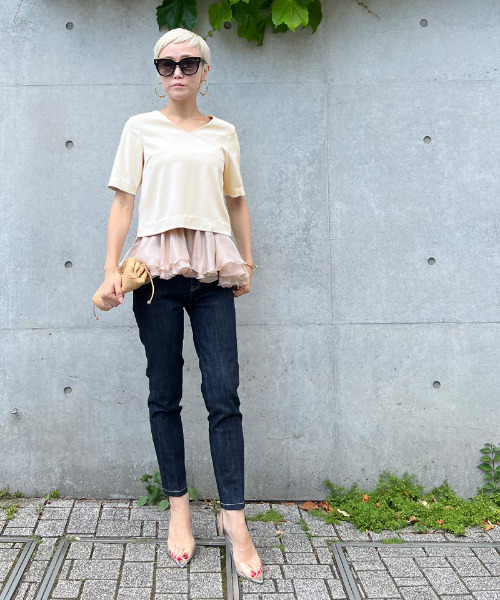 tシャツ Vネックセパレートチュールトップス レディース