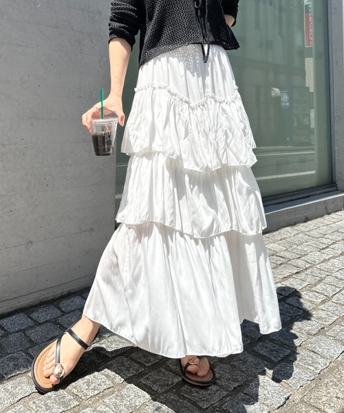 CLEA スカート Iラインギャザーティアードロングスカート