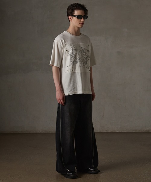 グランシー　ロンT Mサイズ GRANCY】LinestoneDesign Graphic Damage LongTee / ライン