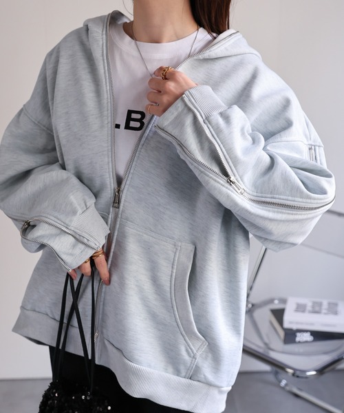 パーカー 「ユニセックス」胸元刺繍/ロゴ入り ジップアップスリーブフーディー/パーカー/裏起毛 レディース メンズ | CREARE -LINO- | 19