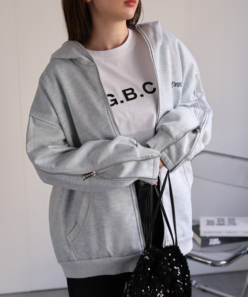 パーカー 「ユニセックス」胸元刺繍/ロゴ入り ジップアップスリーブフーディー/パーカー/裏起毛 レディース メンズ | CREARE -LINO- | 21