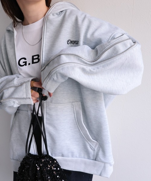 パーカー 「ユニセックス」胸元刺繍/ロゴ入り ジップアップスリーブフーディー/パーカー/裏起毛 レディース メンズ | CREARE -LINO- | 03