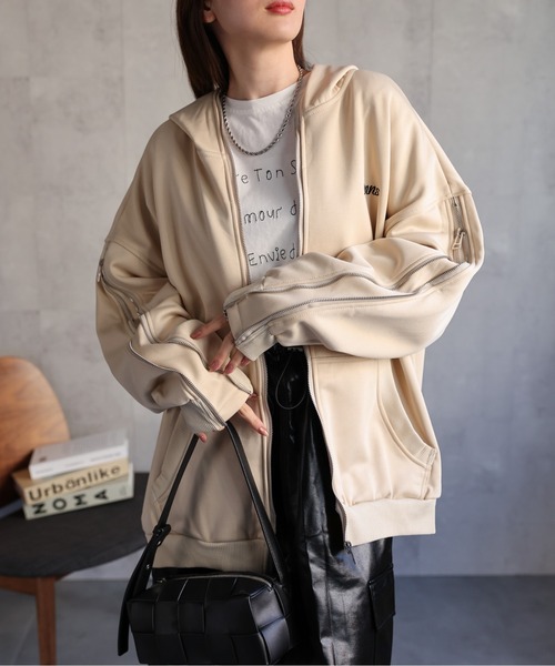 パーカー 「ユニセックス」胸元刺繍/ロゴ入り ジップアップスリーブフーディー/パーカー/裏起毛 レディース メンズ | CREARE -LINO- | 08