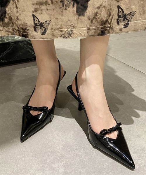 Revo. パンプス リボンディテール ポインテッドトゥ ミュールパンプス