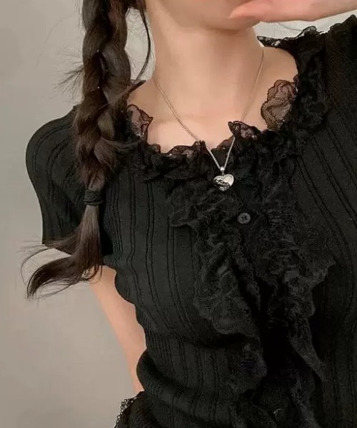 AsRiRe ブラウス シャツ レースフリルドッキングトップス