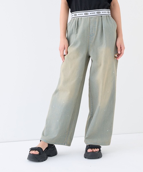BISKEE ワイドパンツ パンツ 綿100％ ラインストーンデニムワイド