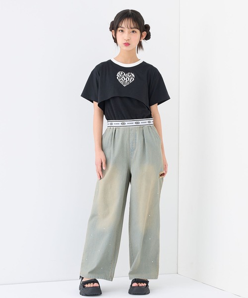 BISKEE パンツ 綿100％ ラインストーンデニムワイドパンツ キッズ
